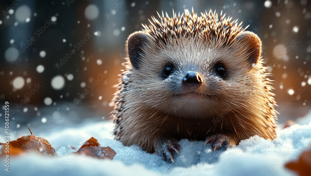 Obraz premium A small brown hedgehog is sitting in the snow with its head up. The image has a cozy and warm feeling, as the hedgehog is enjoying the winter weather
