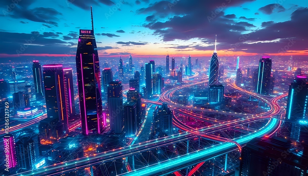 Obraz premium Vibrant Cyberpunk Cityscape at Dusk - Neon Lights and Towers