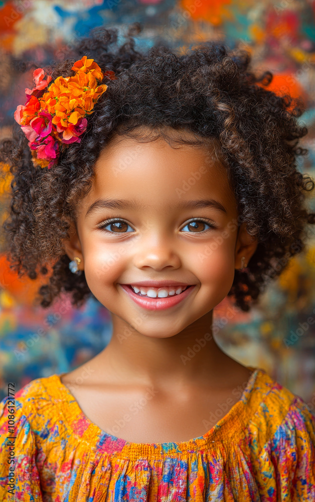 A young girl with curly hair and a flower in her hair is smiling. She is wearing a yellow dress A young girl with curly hair and a flower in her hair is smiling. She is wearing a yellow dress