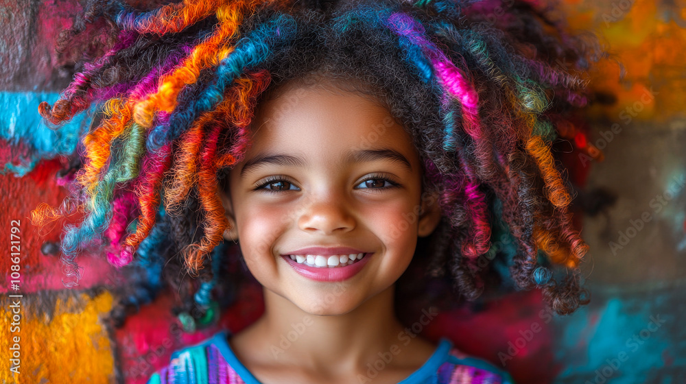 Fototapeta premium A young girl with colorful hair is smiling and looking at the camera. The image has a bright and cheerful mood, with the girl's colorful hair and her smile conveying a sense of happiness