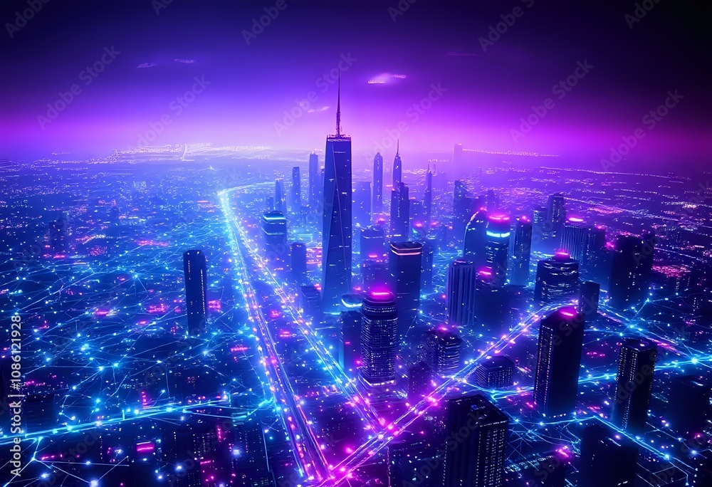 Fototapeta premium Mesmerizing Neon Cityscape at Night - Purple & Pink Lights