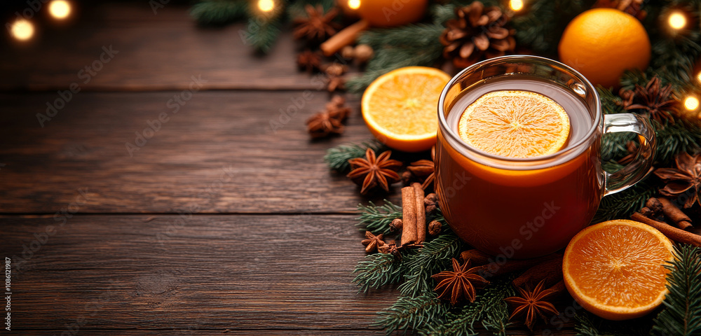 A mug of mulled wine is surrounded by oranges and cinnamon. The image conveys a cozy and warm atmosphere, perfect for a cold winter day A mug of mulled wine is surrounded by oranges and cinnamon. The image conveys a cozy and warm atmosphere, perfect for a cold winter day