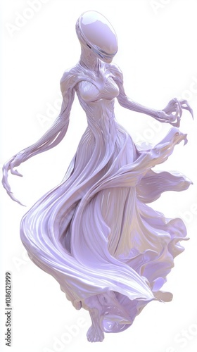 Extraterrestrial Elegance: Lavender Alien Female 3D Model in Zero Gravity Gown on White Background