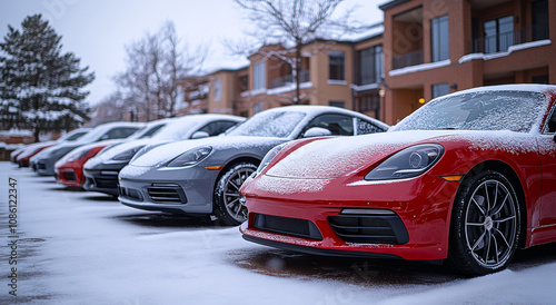 A row of red sports cars are parked in a snowy parking lot. The cars are all different colors, but they all have the same design. The scene is quiet and peaceful, with the snow covering the ground