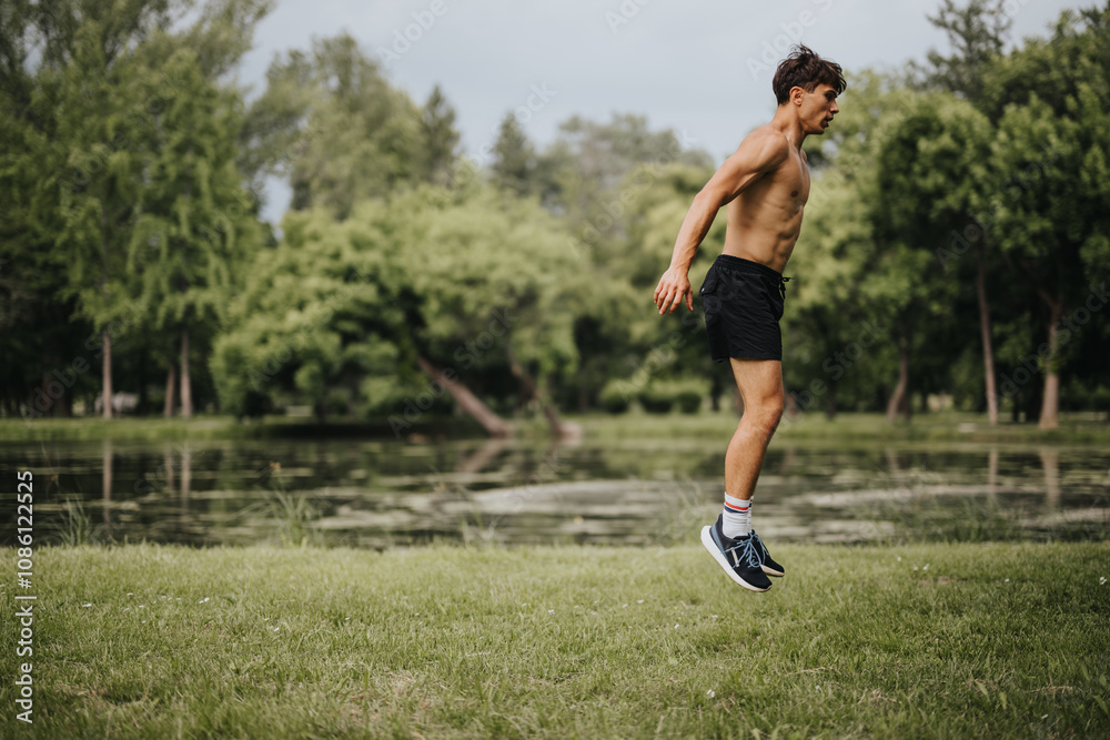 Young shirtless man doing back flips in a park beside a lake during a warm summer day, showcasing flexibility and fitness. Young shirtless man doing back flips in a park beside a lake during a warm summer day, showcasing flexibility and fitness.