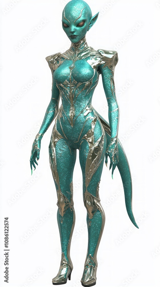 Fototapeta premium Futuristic Alien Female Character with Teal Skin and Striking Outfit on Isolated Background - Ultra-Detailed 3D Model