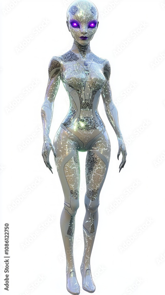 Futuristic Alien Female Character with Luminescent Skin and Violet Eyes in Stylish Bodysuit on Isolated White Background - Ultra-Detailed 3D Model Futuristic Alien Female Character with Luminescent Skin and Violet Eyes in Stylish Bodysuit on Isolated White Background - Ultra-Detailed 3D Model