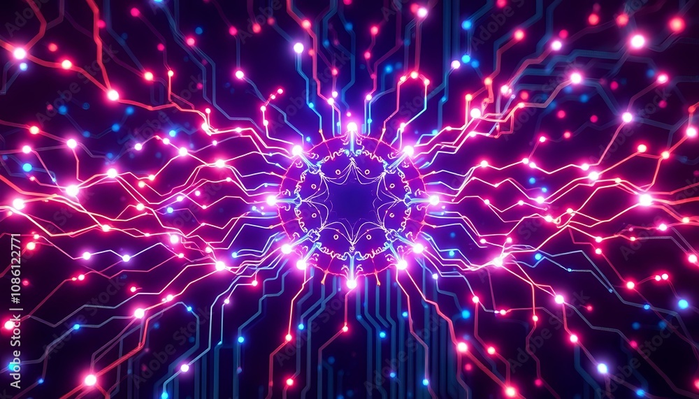 Fototapeta premium Neon Neural Network Explosion in Cyberpunk Style