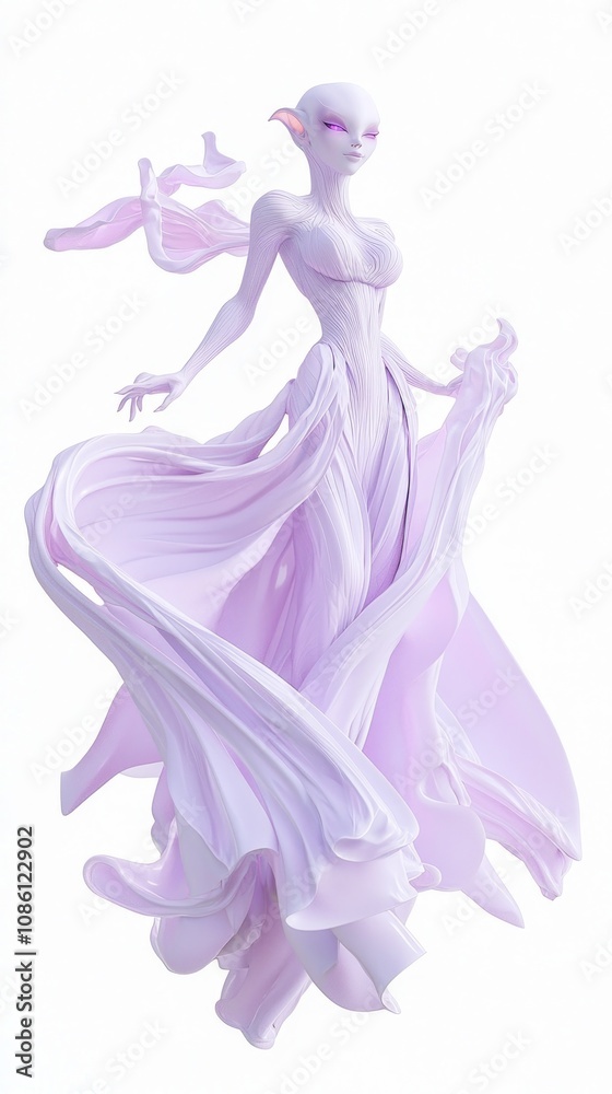 Elegant Lavender Alien Female 3D Model in Zero Gravity Gown on White Background - Ultra-Detailed Character Design Elegant Lavender Alien Female 3D Model in Zero Gravity Gown on White Background - Ultra-Detailed Character Design