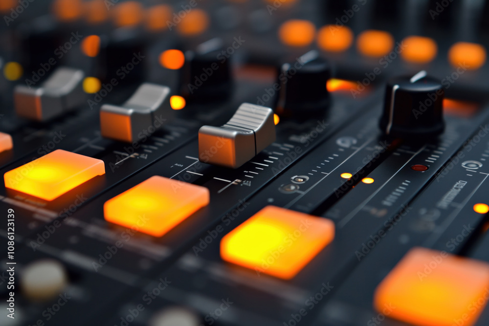 Surface of an audio mixing console is highlighted with glowing buttons faders, indicating active controls during music production session. Surface of an audio mixing console is highlighted with glowing buttons faders, indicating active controls during music production session.