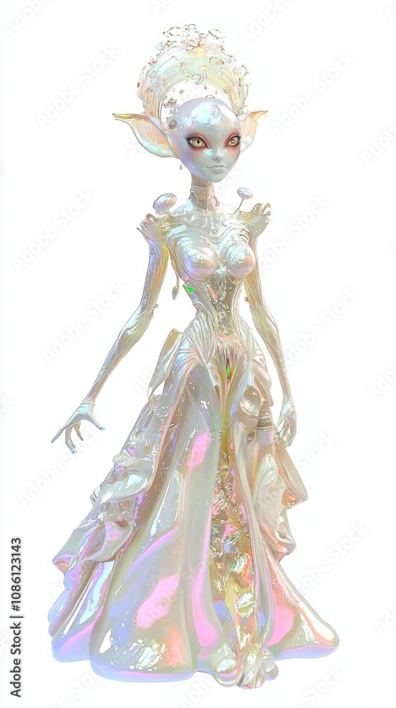 Extraterrestrial Elegance: Ultra-Detailed 3D Alien Female Character with Iridescent Skin and Cosmic Attire on Isolated Background Extraterrestrial Elegance: Ultra-Detailed 3D Alien Female Character with Iridescent Skin and Cosmic Attire on Isolated Background