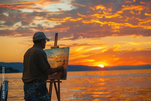 A painter captures the beauty of a sunset over the ocean while standing on the beach, creating art in the warm evening light