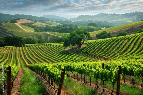 Vineyards stretch across rolling hills in a serene landscape under soft evening sunlight near a calm valley with rich green foliage and trees