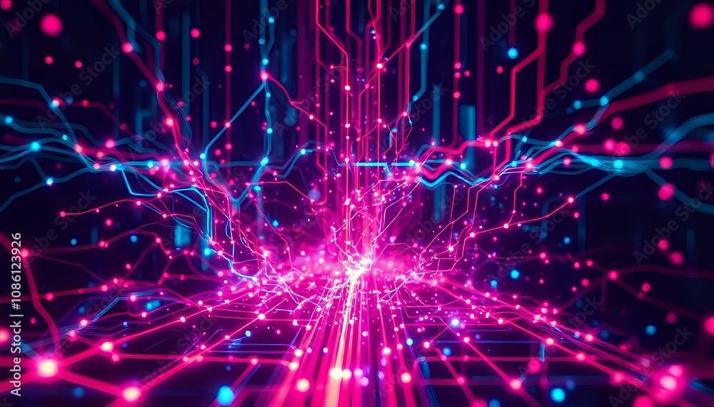 Obraz premium Neon Cyberpunk Data Visualization - Vibrant Abstract Circuit Overload Art