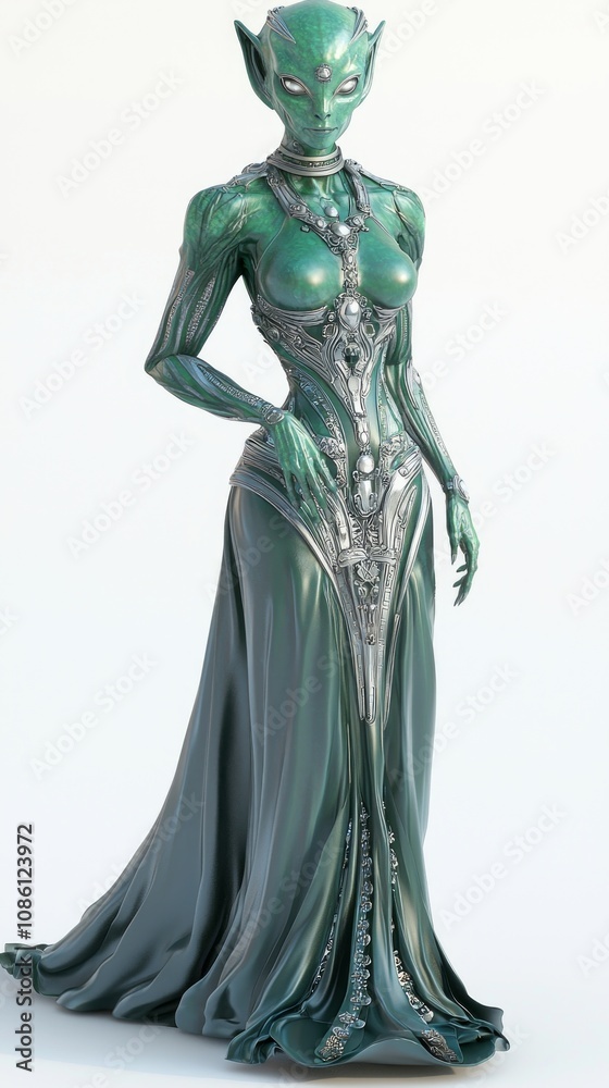Extraterrestrial Elegance - 3D Alien Female Character with Emerald Skin and Silver Eyes in Stylish Dress on White Background Extraterrestrial Elegance - 3D Alien Female Character with Emerald Skin and Silver Eyes in Stylish Dress on White Background