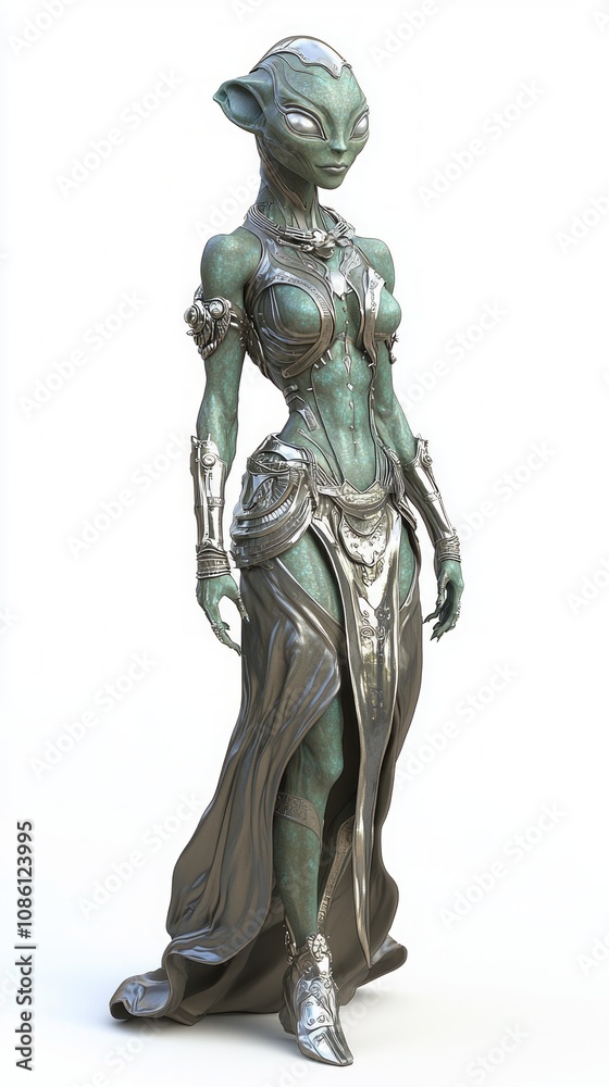 Extraterrestrial Beauty - Ultra-Detailed 3D Model Alien Female Character in Stylish Dress with Emerald Skin and Silver Eyes on White Background Extraterrestrial Beauty - Ultra-Detailed 3D Model Alien Female Character in Stylish Dress with Emerald Skin and Silver Eyes on White Background