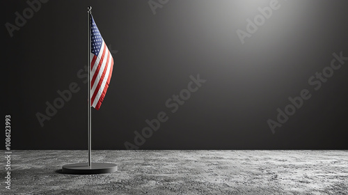 Single American flag at half-mast beside an empty space evokes a solemn atmosphere of remembrance and reflection on significant occasions