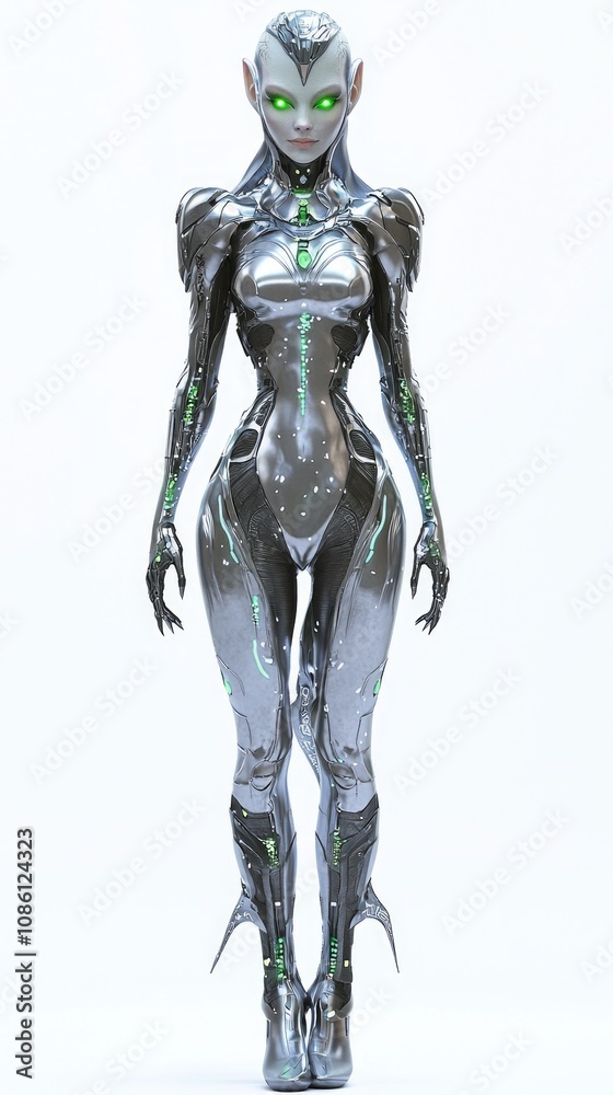 Futuristic Alien Female Character with Metallic Silver Skin and Green Eyes on Isolated White Background Futuristic Alien Female Character with Metallic Silver Skin and Green Eyes on Isolated White Background