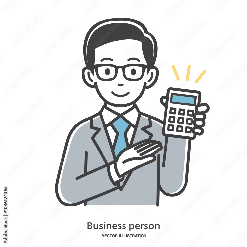 電卓で見積り金額を提示するスーツの男性会社員 電卓で見積り金額を提示するスーツの男性会社員