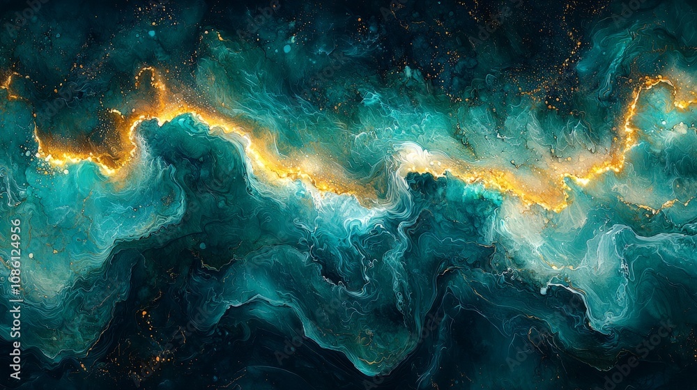 Abstract cosmic waves in vibrant teal and gold tones, evoking a sense of depth and motion. Abstract cosmic waves in vibrant teal and gold tones, evoking a sense of depth and motion.
