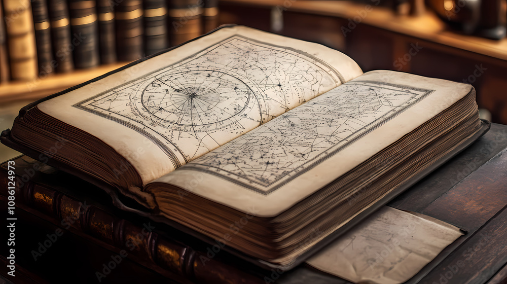 Obraz premium An open vintage book displays intricate constellation maps on its aged pages, offering a glimpse into historical astronomy and celestial navigation studies. Celestial Gothic. Illustration