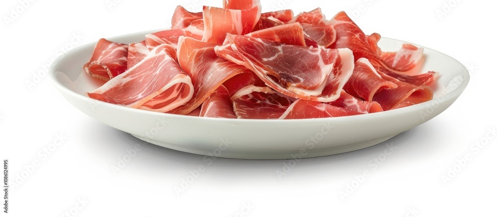 Parma Ham Sliced on Plate Isolated on White Background Parma Ham Sliced on Plate Isolated on White Background