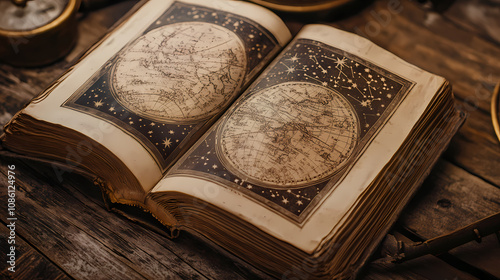 An open vintage book displays intricate constellation maps on its aged pages, offering a glimpse into historical astronomy and celestial navigation studies. Celestial Gothic. Illustration photo