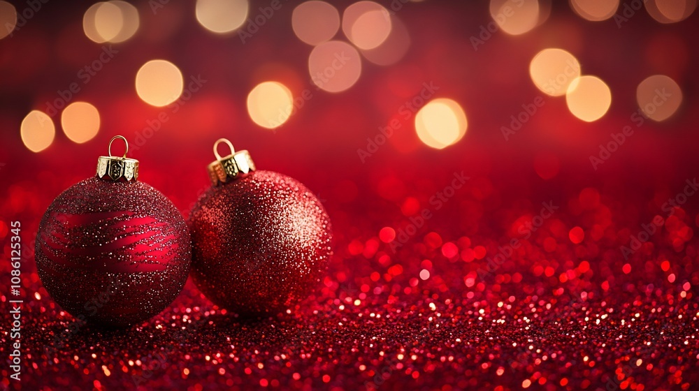 Two red Christmas ornaments on red glitter background with bokeh lights. Two red Christmas ornaments on red glitter background with bokeh lights.