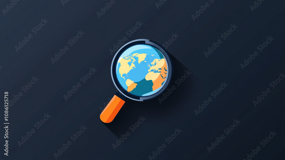 A simple graphic showing a magnifying glass focused on a detailed world map A simple graphic showing a magnifying glass focused on a detailed world map