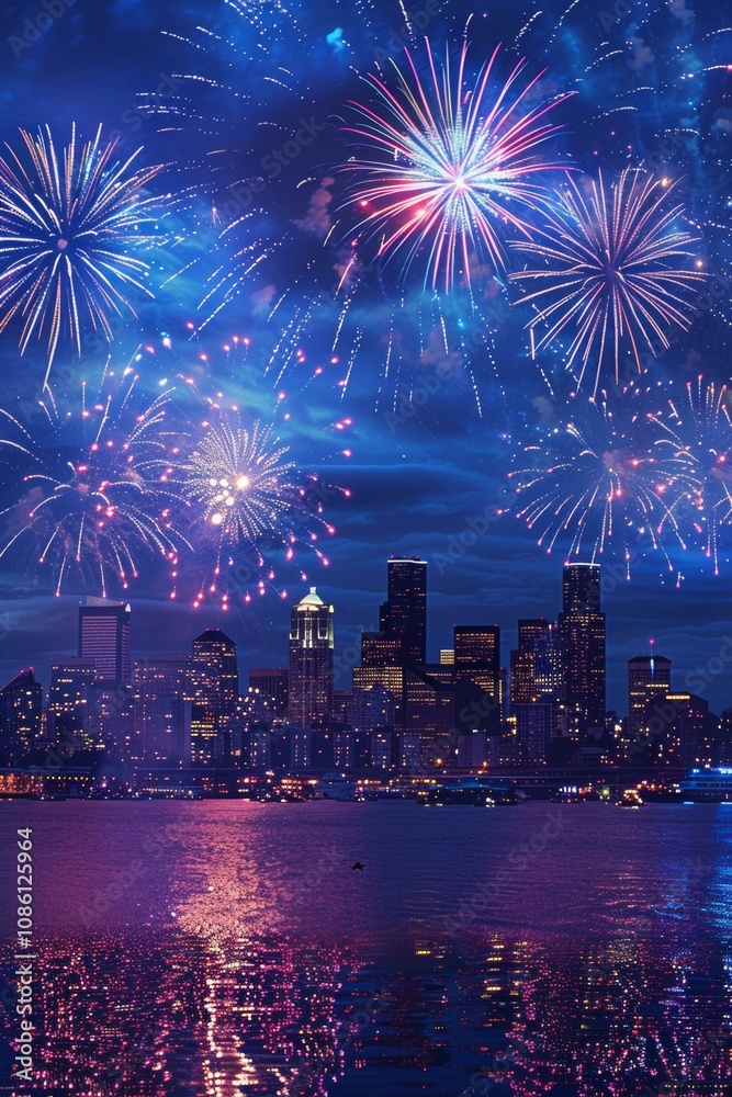 Fototapeta premium Fireworks over Seattle skyline at night, festive celebration panorama with colorful illuminations reflecting on water