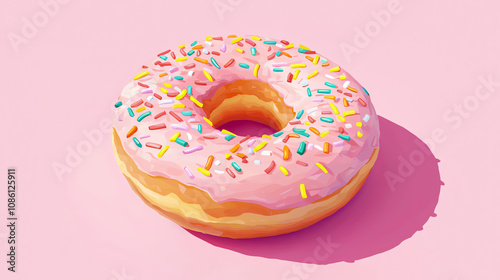 A colorful donut with sprinkles sits on a pastel pink background inviting you to indulge in a sweet treat