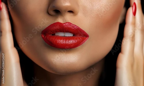 Makeup of a girl, emphasis on brightly painted lips. Beautiful lips of a woman with red lipstick, close-up.