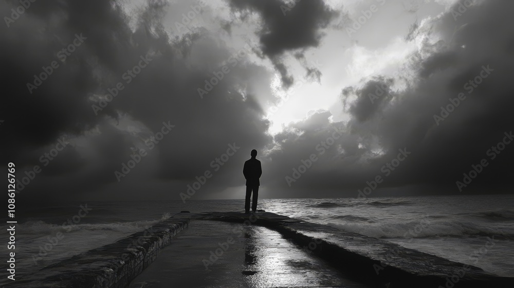 A lone figure stands on a pier overlooking a stormy sea, with sunlight breaking through the clouds overhead.
