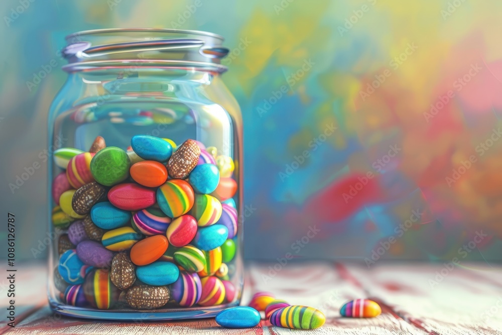 Colorful candy-coated chocolates in a glass jar on a rustic wooden surface with a vibrant pastel background perfect for spring celebrations and festive occasions Colorful candy-coated chocolates in a glass jar on a rustic wooden surface with a vibrant pastel background perfect for spring celebrations and festive occasions