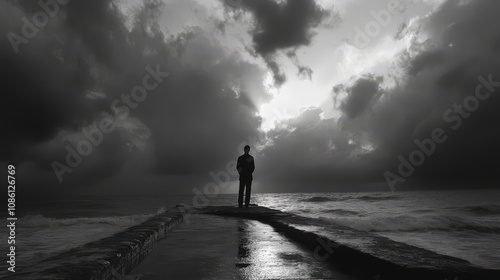Obraz na płótnie A lone figure stands on a pier overlooking a stormy sea, with sunlight breaking through the clouds overhead. w salonie