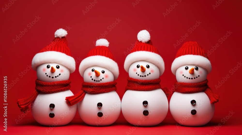 Four Jolly Snowmen in Red Santa Hats and Scarves, Spreading Holiday Cheer on a Red Background
Four Jolly Snowmen in Red Santa Hats and Scarves, Spreading Holiday Cheer on a Red Background