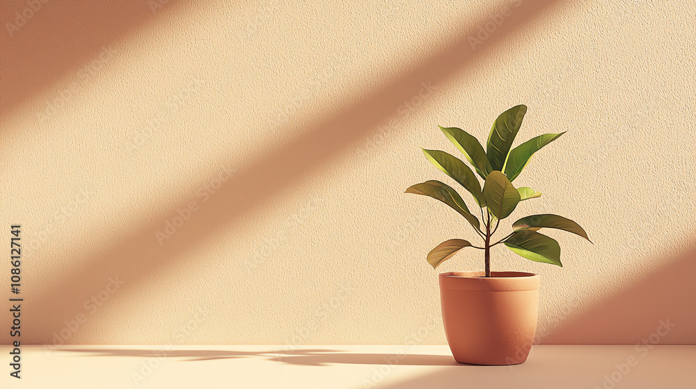 A single houseplant in a terracotta pot creating a serene atmosphere against a warm beige wall with soft shadows A single houseplant in a terracotta pot creating a serene atmosphere against a warm beige wall with soft shadows