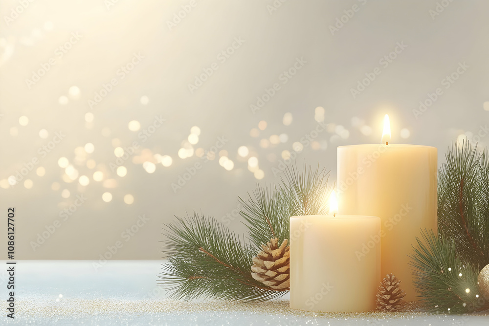 Minimalist holiday candles with glowing pine branch ornaments and sparkling bokeh lights background Minimalist holiday candles with glowing pine branch ornaments and sparkling bokeh lights background