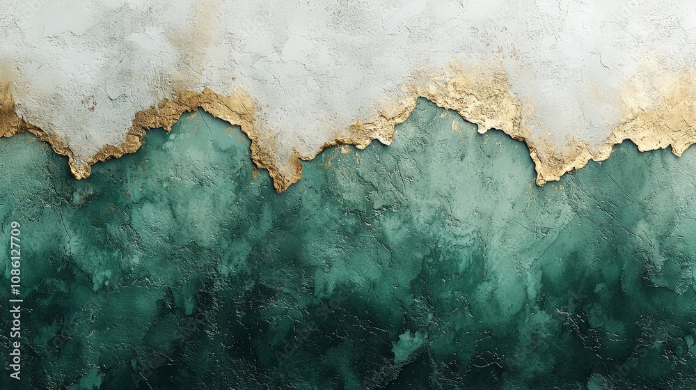 Abstract design featuring a blend of teal, white, and gold textures. Abstract design featuring a blend of teal, white, and gold textures.