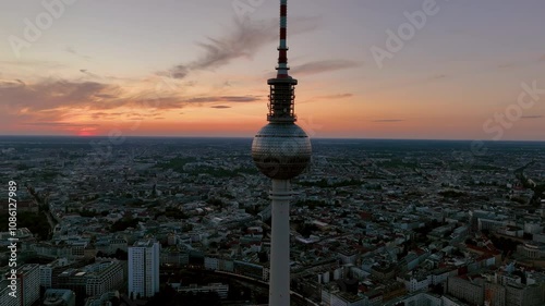 Aerial video architectural landmarks TV Tower, Alexander Platz. Berlin, Germany