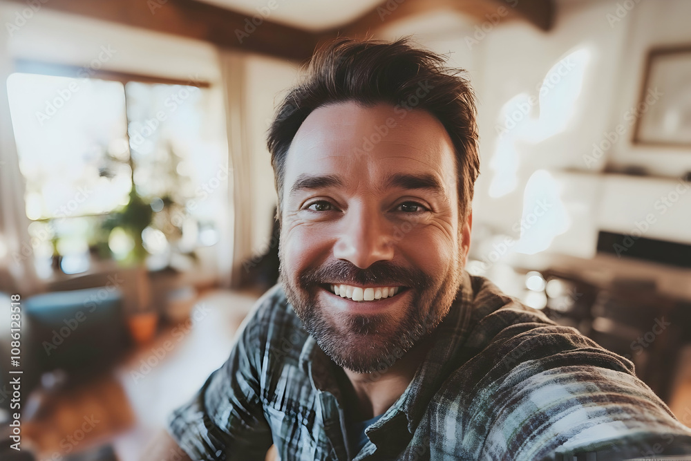 selfie of a smiling man in natural light, cozy home background selfie of a smiling man in natural light, cozy home background