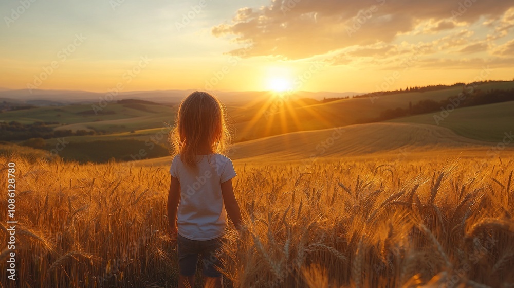 Child watching sunset in wheat field. Child watching sunset in wheat field.