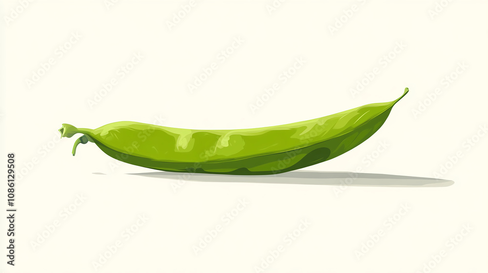 A vibrant green pea pod is shown, lying on a white background A vibrant green pea pod is shown, lying on a white background