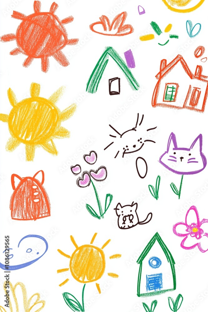 Colorful child's drawing featuring houses, flowers, cats and suns Colorful child's drawing featuring houses, flowers, cats and suns