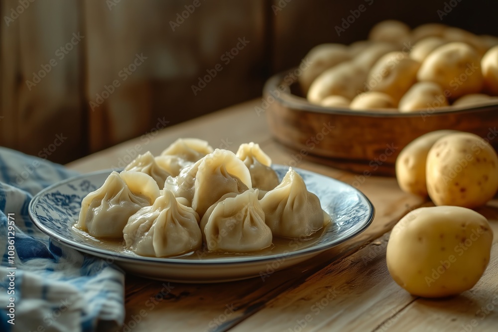 Plate of steamed dumplings on a wooden table with raw potatoes and a rustic background. Traditional food concept. Design for recipes and culinary presentations Plate of steamed dumplings on a wooden table with raw potatoes and a rustic background. Traditional food concept. Design for recipes and culinary presentations