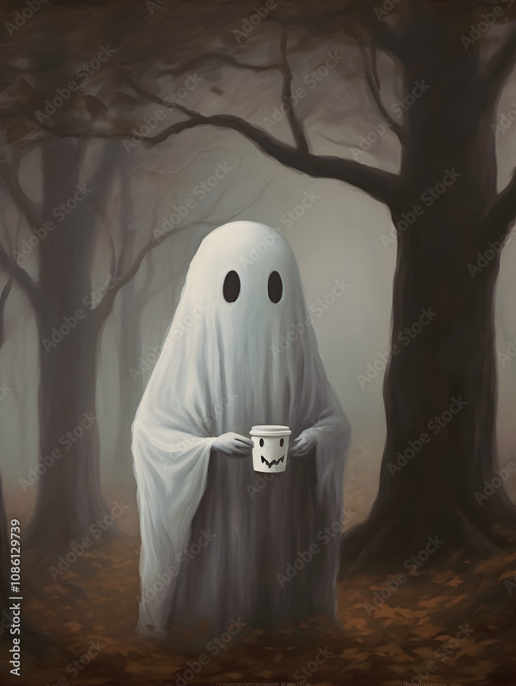 Cute and spooky halloween ghost in a misty forest, holding a cup of coffee. Cute and spooky halloween ghost in a misty forest, holding a cup of coffee.