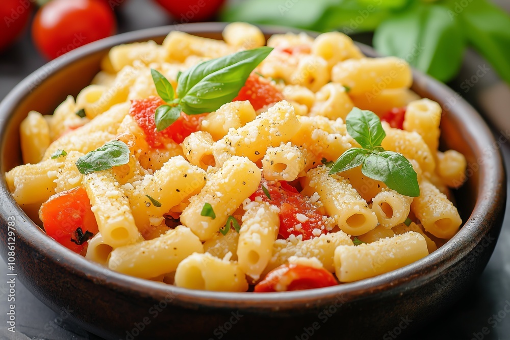 Pasta with cherry tomatoes, basil, and grated cheese being served in a bowl Pasta with cherry tomatoes, basil, and grated cheese being served in a bowl