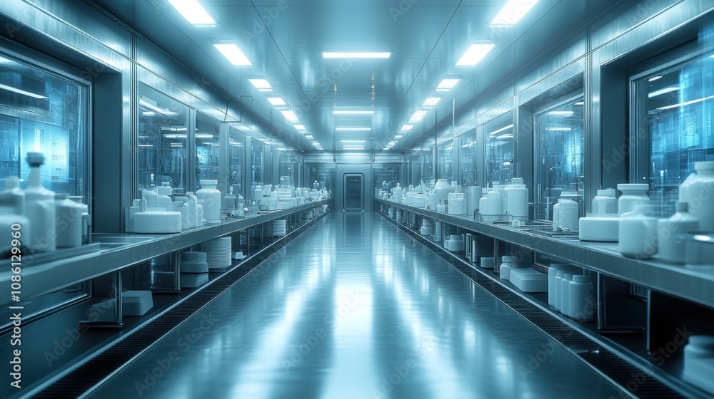 Fototapeta premium Modern Laboratory or Production Facility with Organized White Containers and Clean, Sterile Environment 