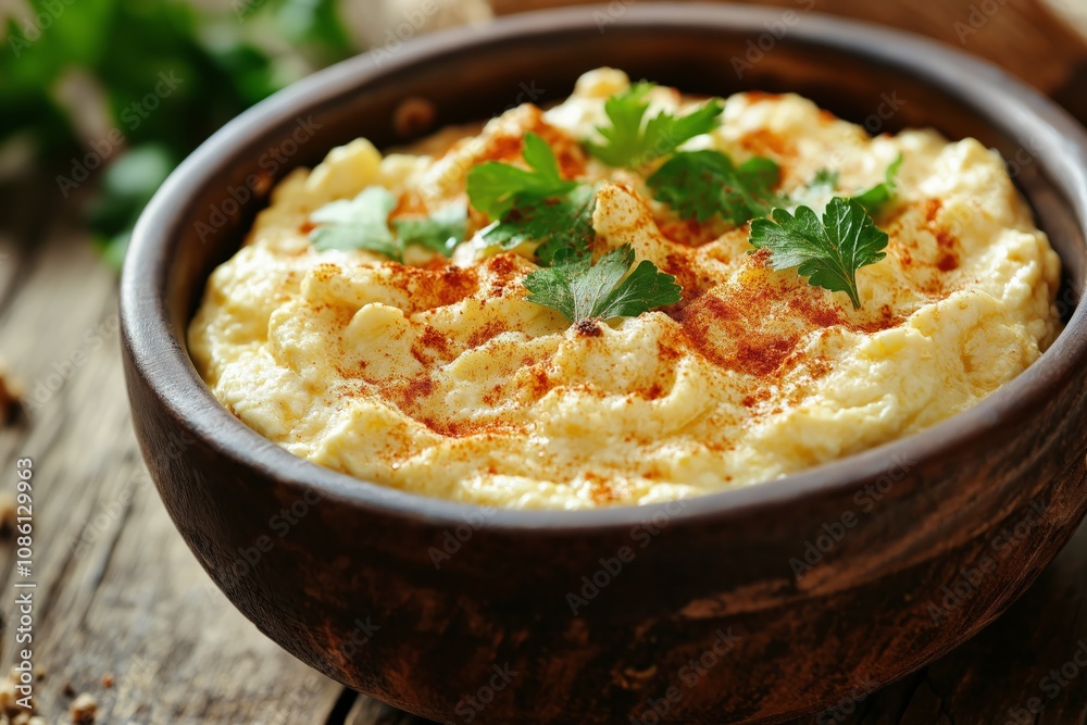 Creamy polenta or mashed potatoes sprinkled with paprika and parsley in rustic wooden bowl Creamy polenta or mashed potatoes sprinkled with paprika and parsley in rustic wooden bowl