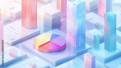 3D visualization of business analytics with colorful glass skyscrapers and pie chart in pastel colors. Modern financial data representation with soft gradient lighting effects.